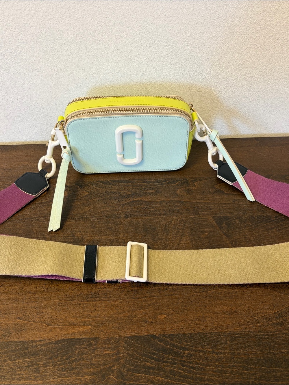 Marc Jacobs Light Blue and Yellow Crossbody Camera Bag with Accent Strap